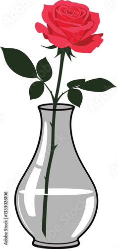 A single red rose in a clear glass vase displayed elegantly on a white background in minimal flat vector art