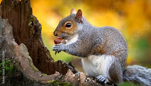 grey squirrel eating acorn on a tree stump in autumn