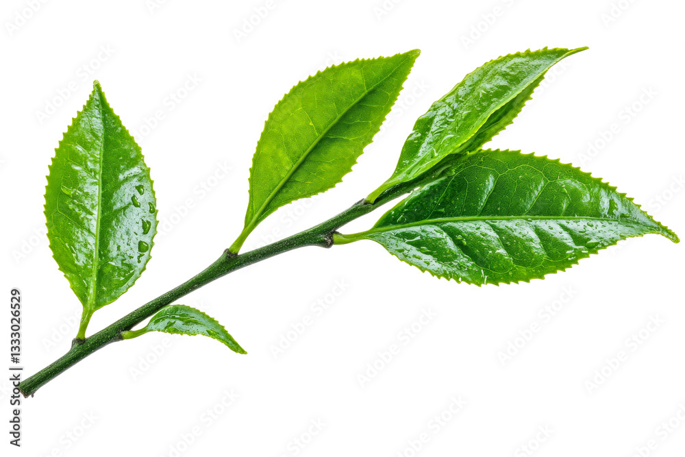 Fresh green tea leaves branch, natural tea growth, cut out transparent Fresh green tea leaves branch, natural tea growth, cut out transparent