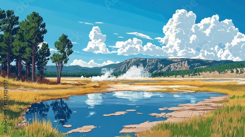 Nature's serenity scenic view of a tranquil river in yellowstone national park panoramic landscape daylight