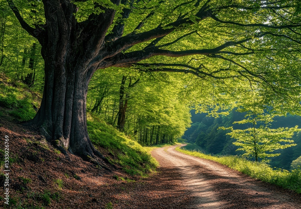 Obraz premium A serene forest path winding under lush green trees, bathed in soft sunlight.