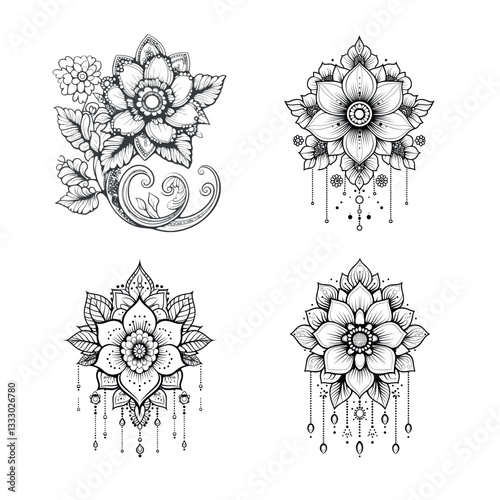 Floral Mandala Pattern for Henna Art. Ethnic Indian Decoration. Hand-Drawn Outline Design