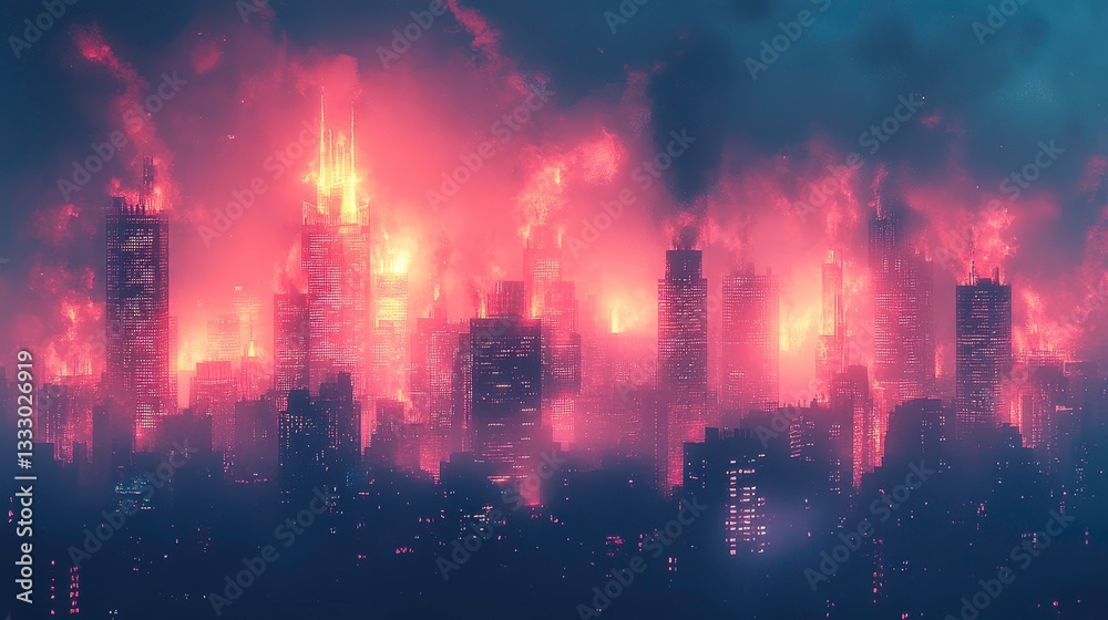 Fototapeta premium City under siege fiery destruction unleashed urban landscape digital art nighttime dramatic concept