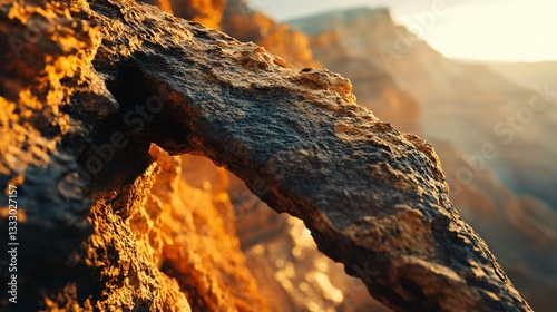 Rock arch close-up, warm light. Eroded stone forms bridge, distant canyon view, blurred background, golden hues. Focus on texture and depth. photo