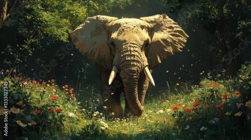 Majestic Elephant in Lush Forest Meadow photo