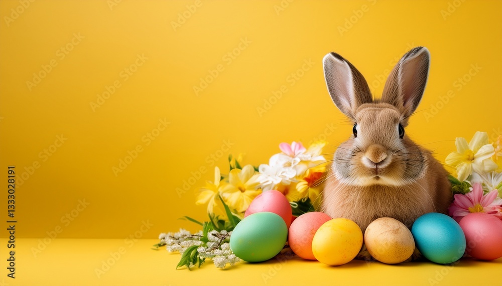 Obraz premium easter bunny with colorful eggs and flowers on yellow background with copy space