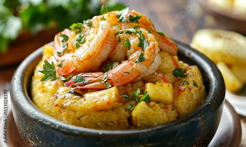 Vibrant seafood dish featuring shrimp atop a bed of seasoned mashed plantains, garnished with herbs