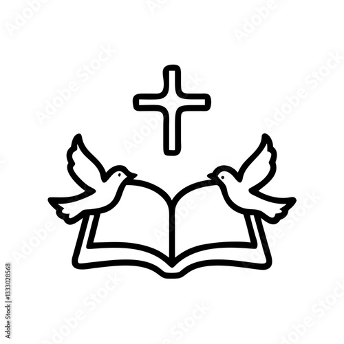 Christian symbol of book, cross, and birds in minimalistic style  
