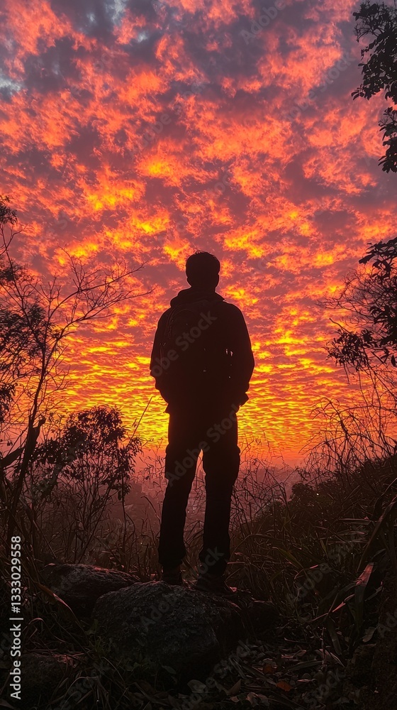 Obraz premium Silhouette of a lone figure admiring a breathtaking sunset spectacle