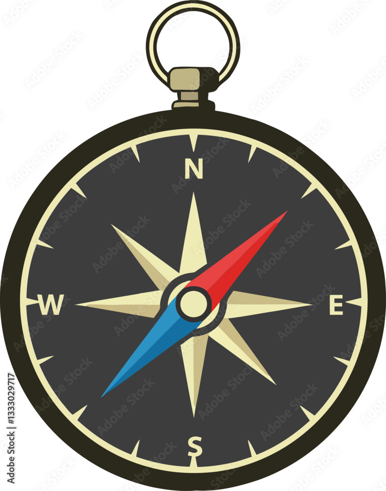 Classic compass design featuring a black background, white and gold accents with blue and red directional arrows in a flat vector illustration