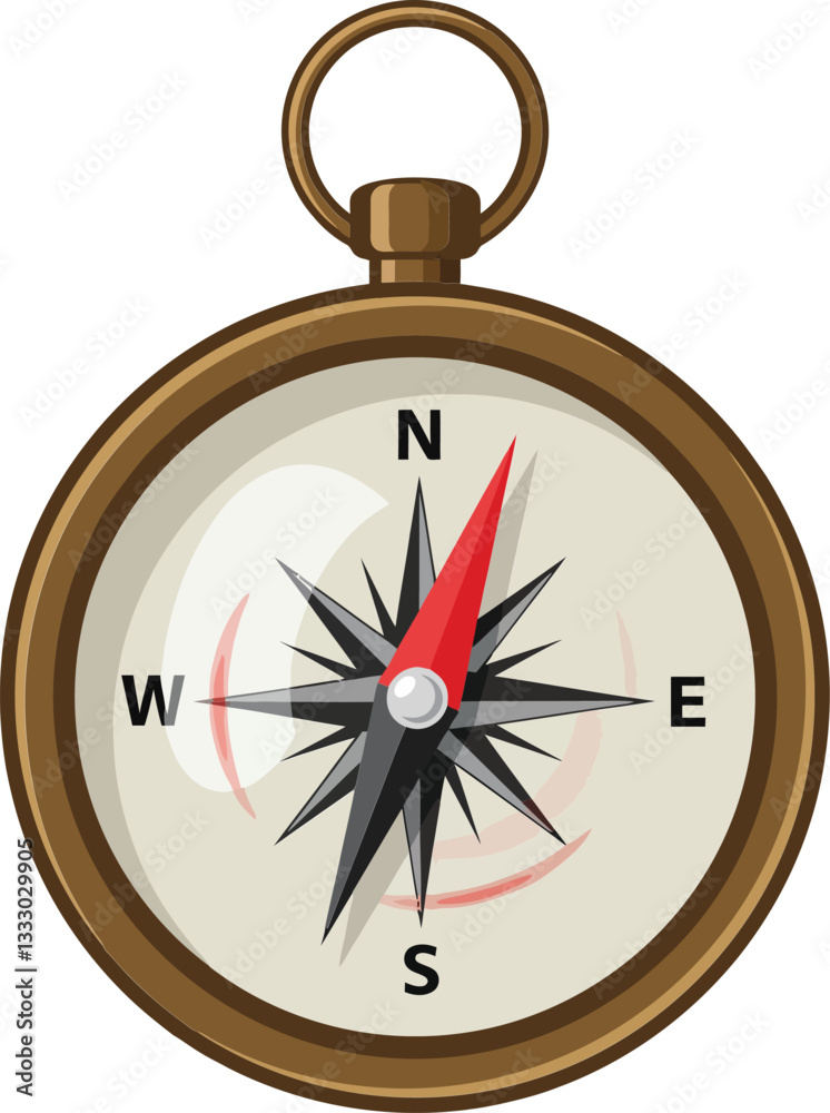 Detailed compass illustration showcasing a classic design style with cardinal directions prominently displayed in vibrant colors, vector art