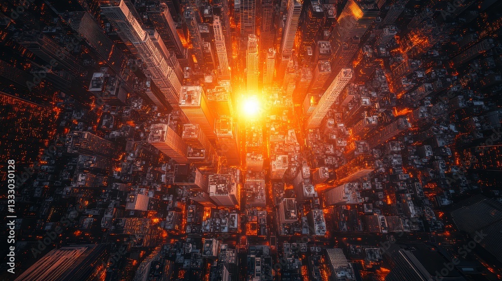 Fototapeta premium Sunset over city skyscrapers urban landscape aerial view vibrant atmosphere modern architecture