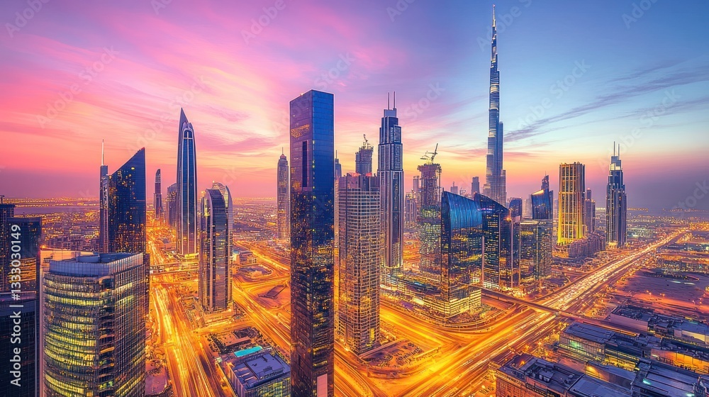 Fototapeta premium Spectacular cityscape of Dubai at dusk with glowing lights and tall skyscrapers