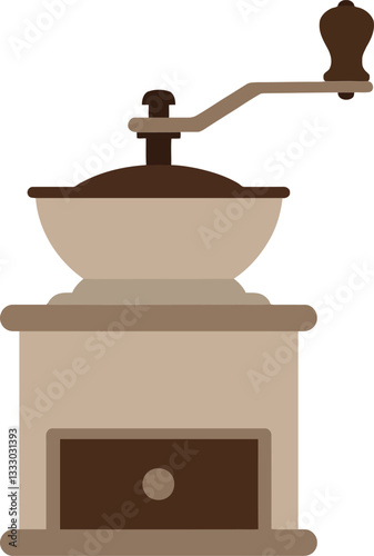 Vintage coffee grinder in a minimal flat design style showcasing intricate details and warm colors, perfect for kitchen decor or coffee-related vector art