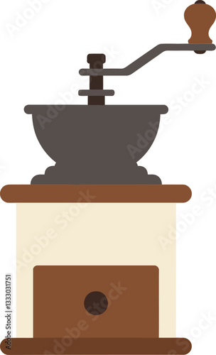 Vintage coffee grinder with a wooden base and metallic components in a flat design style vector art