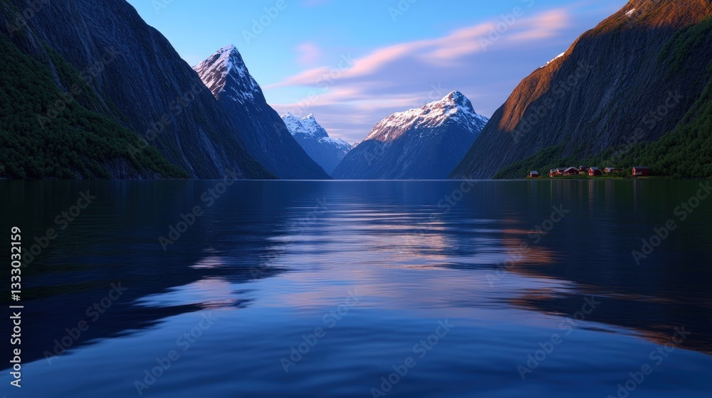 Obraz premium Serene fjord reflecting mountain peaks