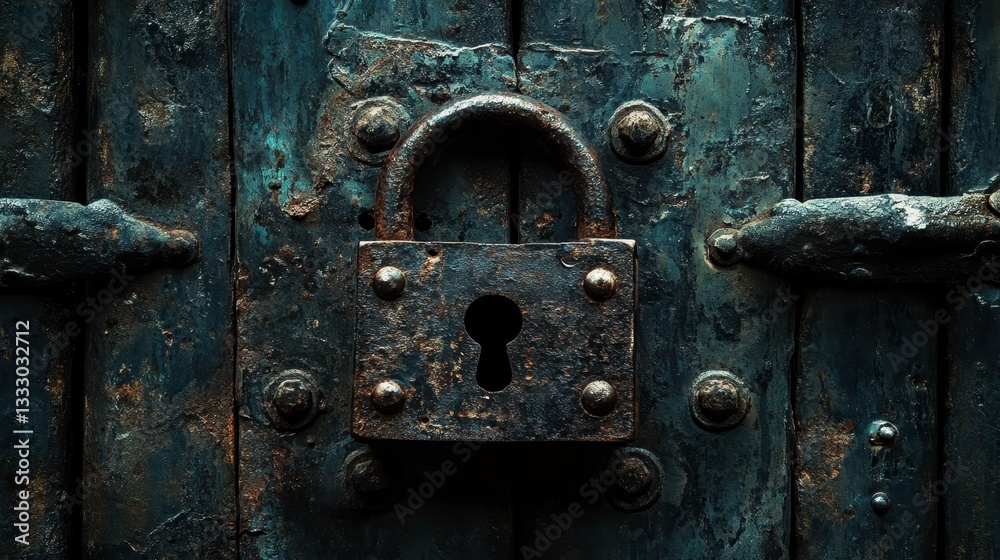 Rusty padlock secured on old door abandoned location still life image gloomy environment close-up view Rusty padlock secured on old door abandoned location still life image gloomy environment close-up view