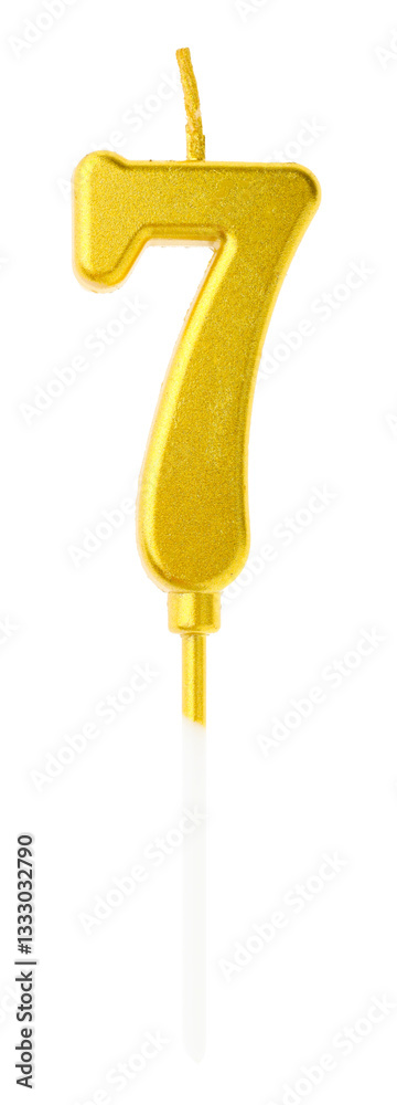 Golden birthday candle in shape of number 7 isolated on white Golden birthday candle in shape of number 7 isolated on white
