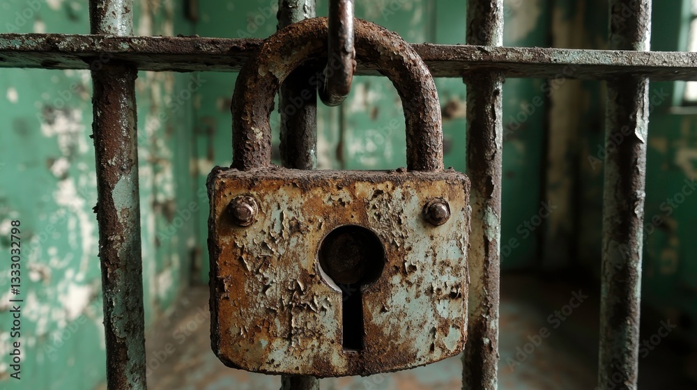 Rusty padlock close-up abandoned prison cell photography grungy environment macro viewpoint security concept Rusty padlock close-up abandoned prison cell photography grungy environment macro viewpoint security concept