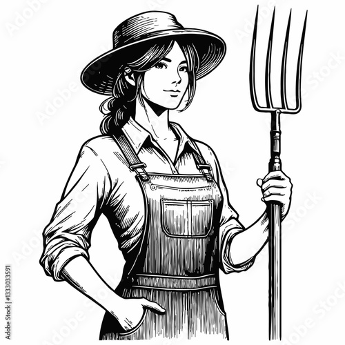 Illustration of a Farmer Woman with a Hat Holding a Pitchfork in Black and White