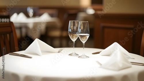 Elegant Restaurant Table Setting with Two Champagne Glasses