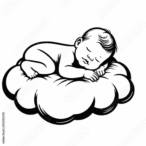 Sleeping baby on cloud in detailed black and white outline line art drawing vector