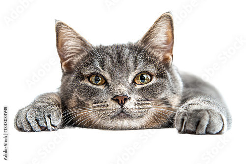Grey tabby cat with green eyes peers over edge, cut out transparent