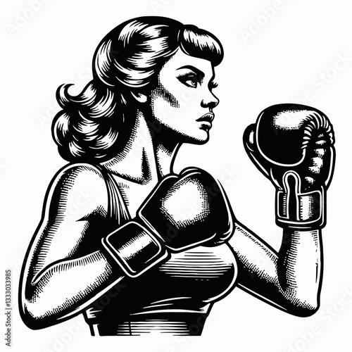 Vector art of a determined female boxer with vintage boxing gloves ready for a fight