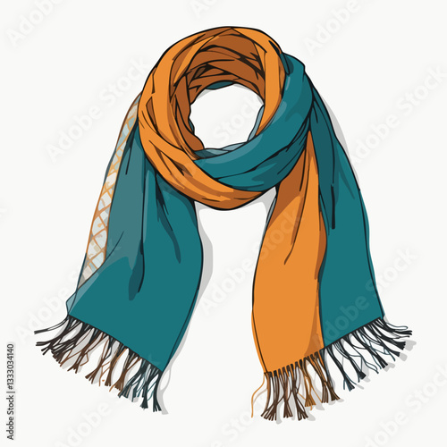 Fringed scarf in teal and orange. Vector image