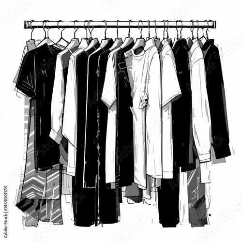 Garments Hanging on Rack Sketch Illustration. Vector image