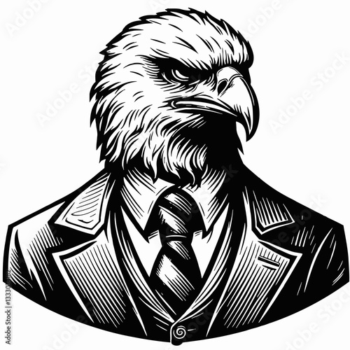 Eagle Head in Suit and Tie Black and White Vector Art Illustration Graphic