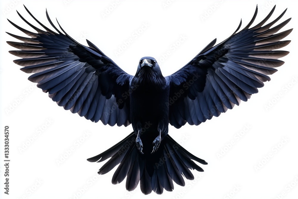 Obraz premium High-resolution image of a crow with wings slightly spread, isolated on a white background, perfect for graphic design and artistic projects