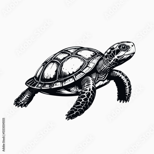 Hand Drawn Black and White Turtle Illustration. Vector image