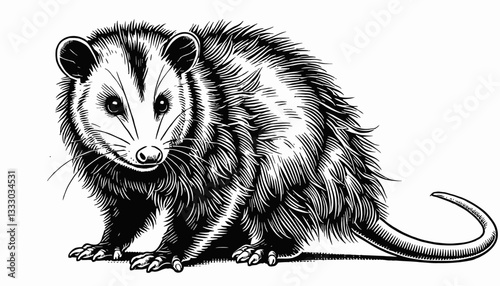 Detailed Black and White Line Art of an Opossum Sitting and Looking Curious