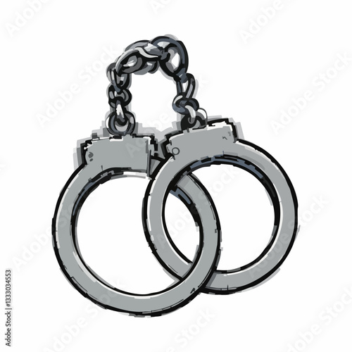 Hand drawn illustration of metal handcuffs with chain. Vector image