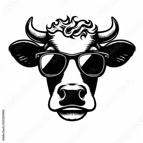 Cow with sunglasses vector illustration black and white