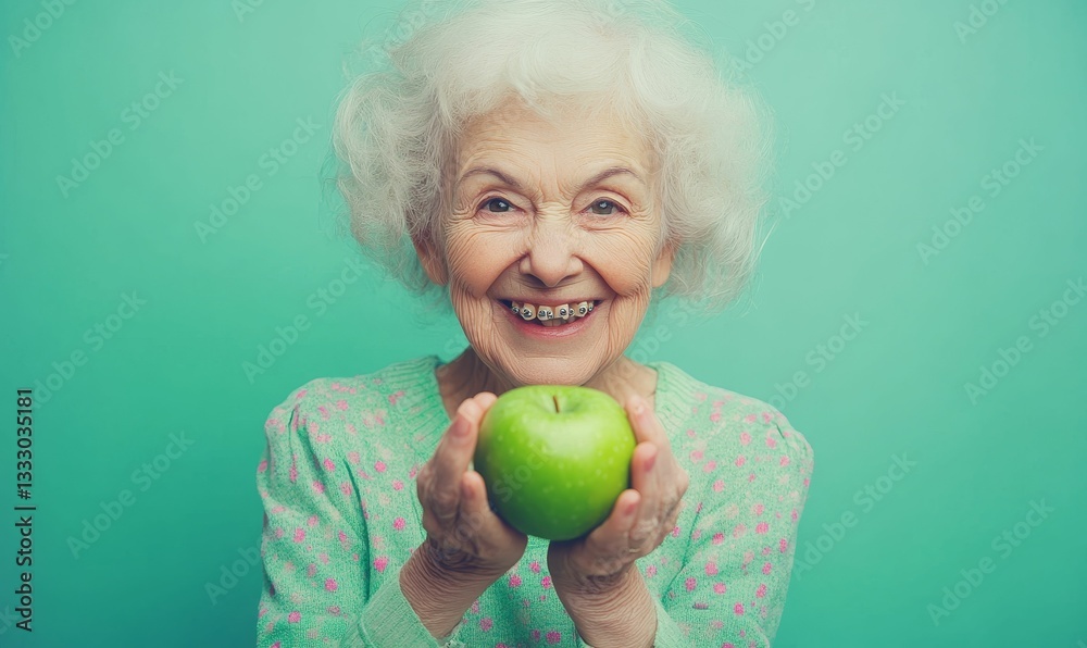 Smiling elderly woman holds a green apple. Smiling elderly woman holds a green apple.