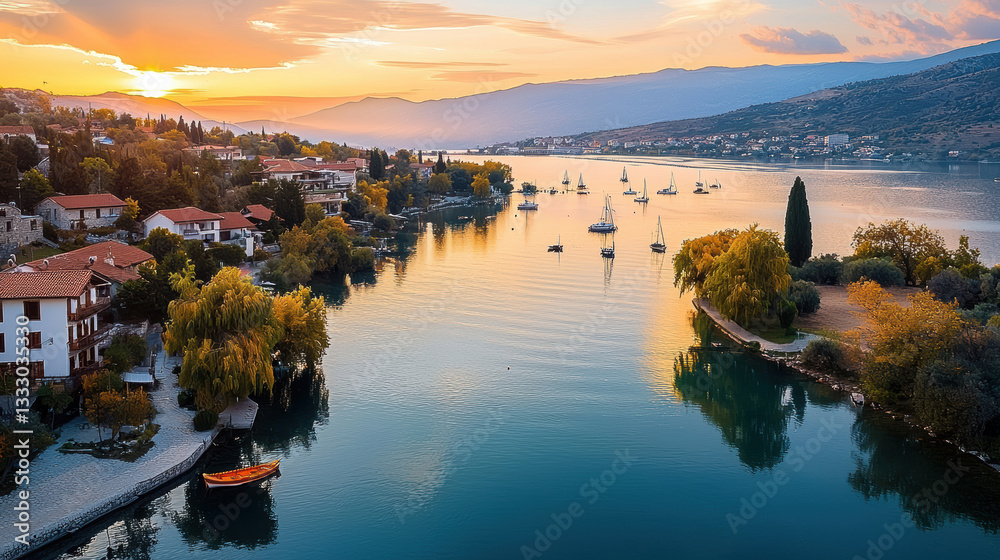 Obraz premium A peaceful bay sparkles under the setting sun, with boats dotting calm waters and golden light bathing the quaint village.
