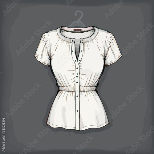 Off-white Button-Down Blouse with Puff Sleeves and Cinched Waist. Vector image
