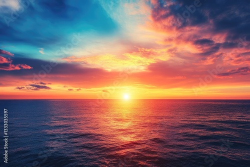 Dramatic sunset over a vast ocean.  A vibrant, colorful sky with clouds of red, orange, and blue hues meet the horizon.  The ocean's surface reflects the fiery colors of the setting sun