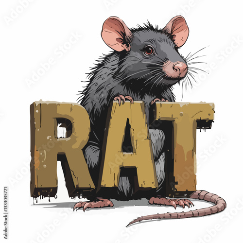 Rodent Illustration with Textured Word RAT. Vector image