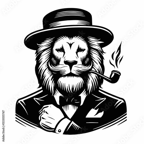 Lion Gentleman Smoking Pipe Wearing Suit and Hat in Black and White Vector Illustration