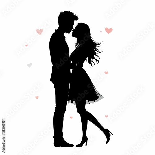 Silhouette of a couple embracing and kissing. Vector image