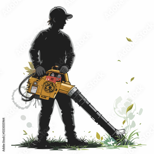 Silhouette of worker using leaf blower in grassy area. Vector image