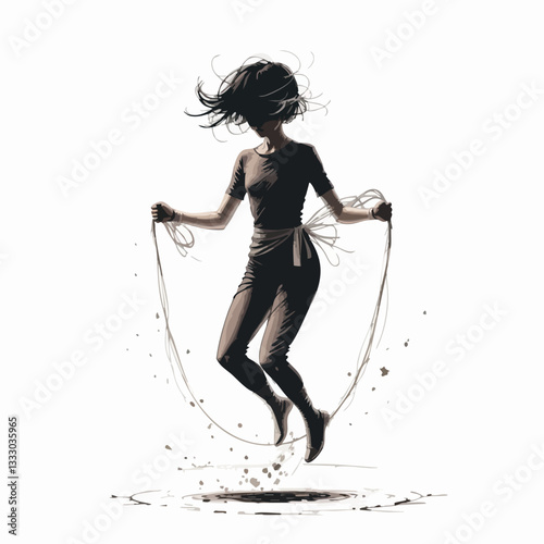 Silhouette of a woman jump roping over a puddle. Vector image