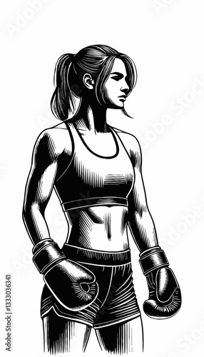 Vector art of a female boxer with boxing gloves, in black and white line art style