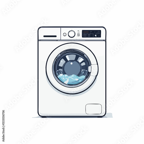Washing machine with water in drum front view illustration. Vector image