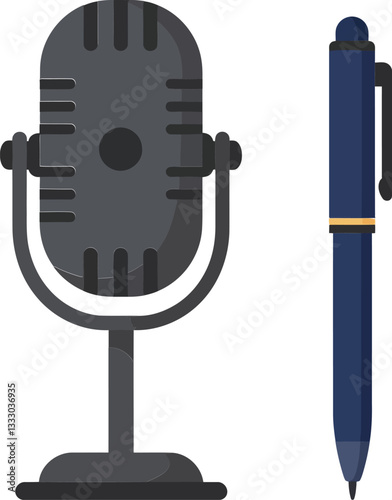 Classic microphone and blue pen in a minimal flat design vector illustration for creative content and communication themes