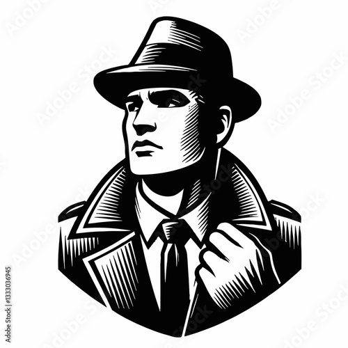 Detective in Trench Coat and Fedora Hat Vector Illustration in Black and White