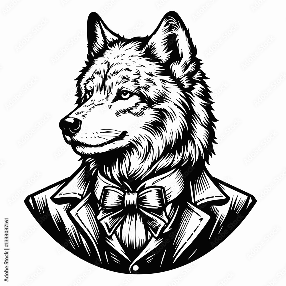 Fototapeta premium Wolf Head Portrait in Suit with Bow Tie Black and White Vector Illustration